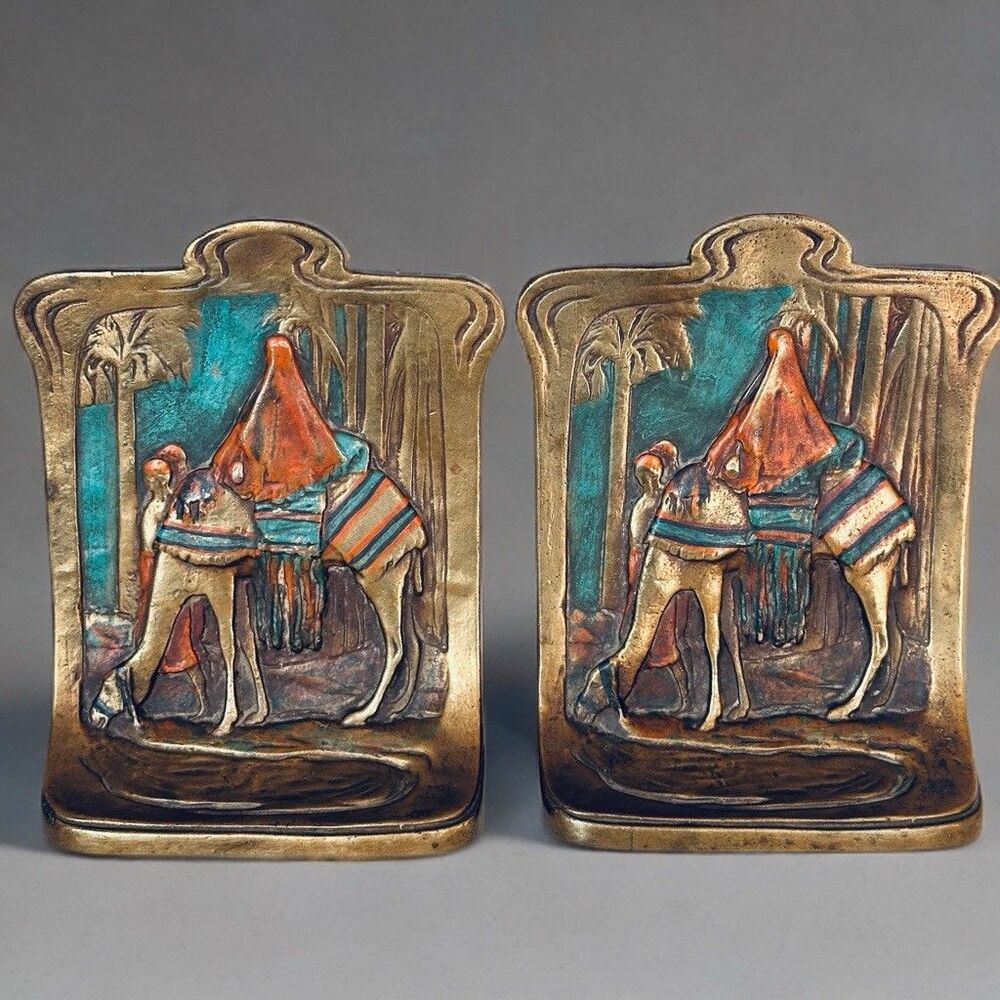RARE Antique 1920s Pompeian Bronze Bookends Egyptian Revival Camel Art Deco